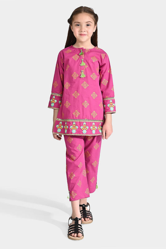 Girls Cotton Poplin Emb 2Pcs Rubi-Magenta
