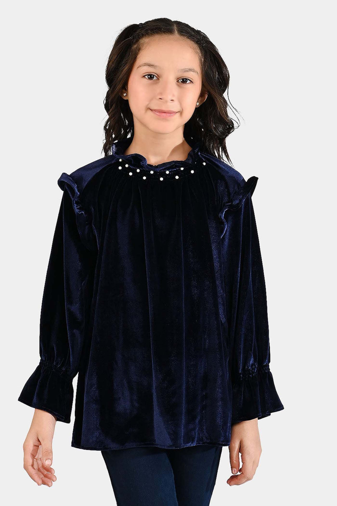 Girls Velvet Emb Top Pearls-Navy Blue