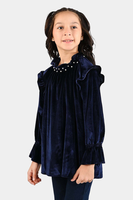 Girls Velvet Emb Top Pearls-Navy Blue