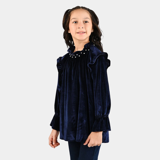 Girls Velvet Emb Top Pearls-Navy Blue