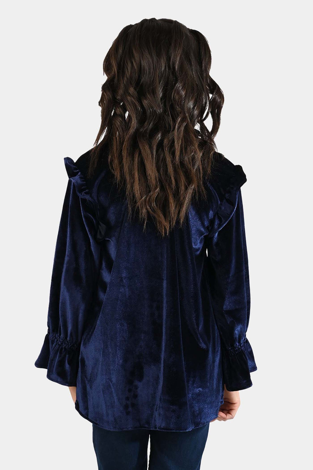 Girls Velvet Emb Top Pearls-Navy Blue