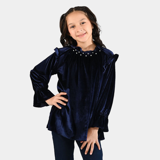 Girls Velvet Emb Top Pearls-Navy Blue