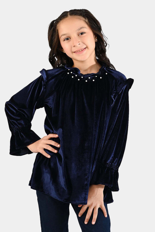 Girls Velvet Emb Top Pearls-Navy Blue