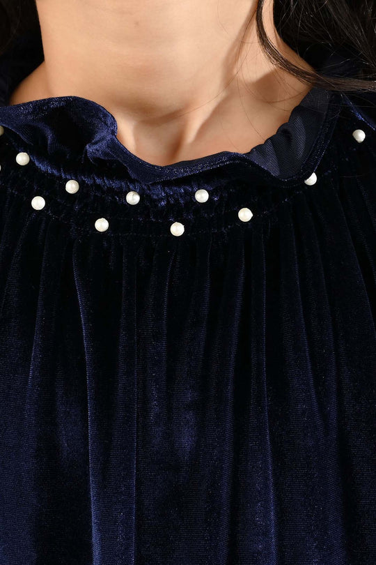 Girls Velvet Emb Top Pearls-Navy Blue