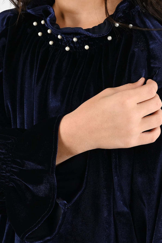 Girls Velvet Emb Top Pearls-Navy Blue