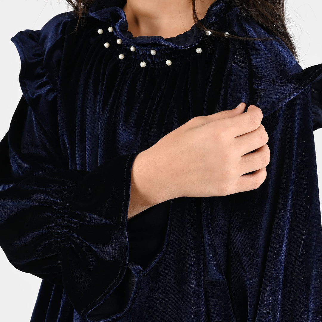 Girls Velvet Emb Top Pearls-Navy Blue