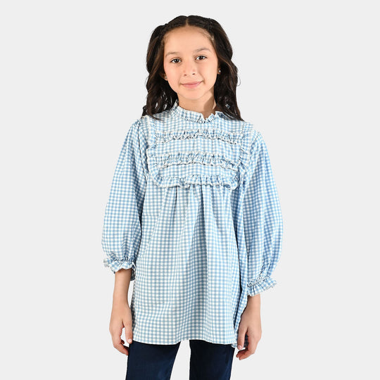 Girls Poly Jersey Casual Top Sky Checks-LIGHT BLUE