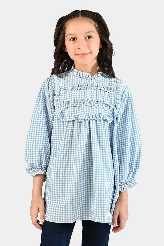 Girls Poly Jersey Casual Top Sky Checks-LIGHT BLUE