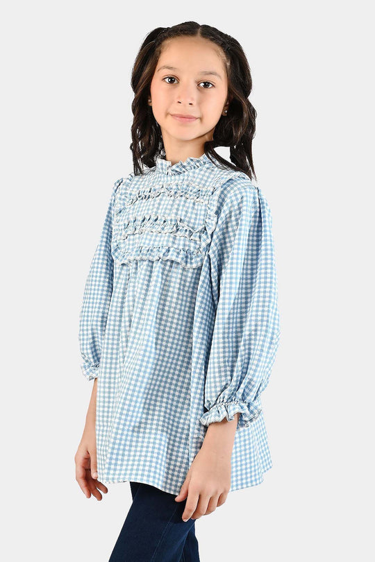 Girls Poly Jersey Casual Top Sky Checks-LIGHT BLUE