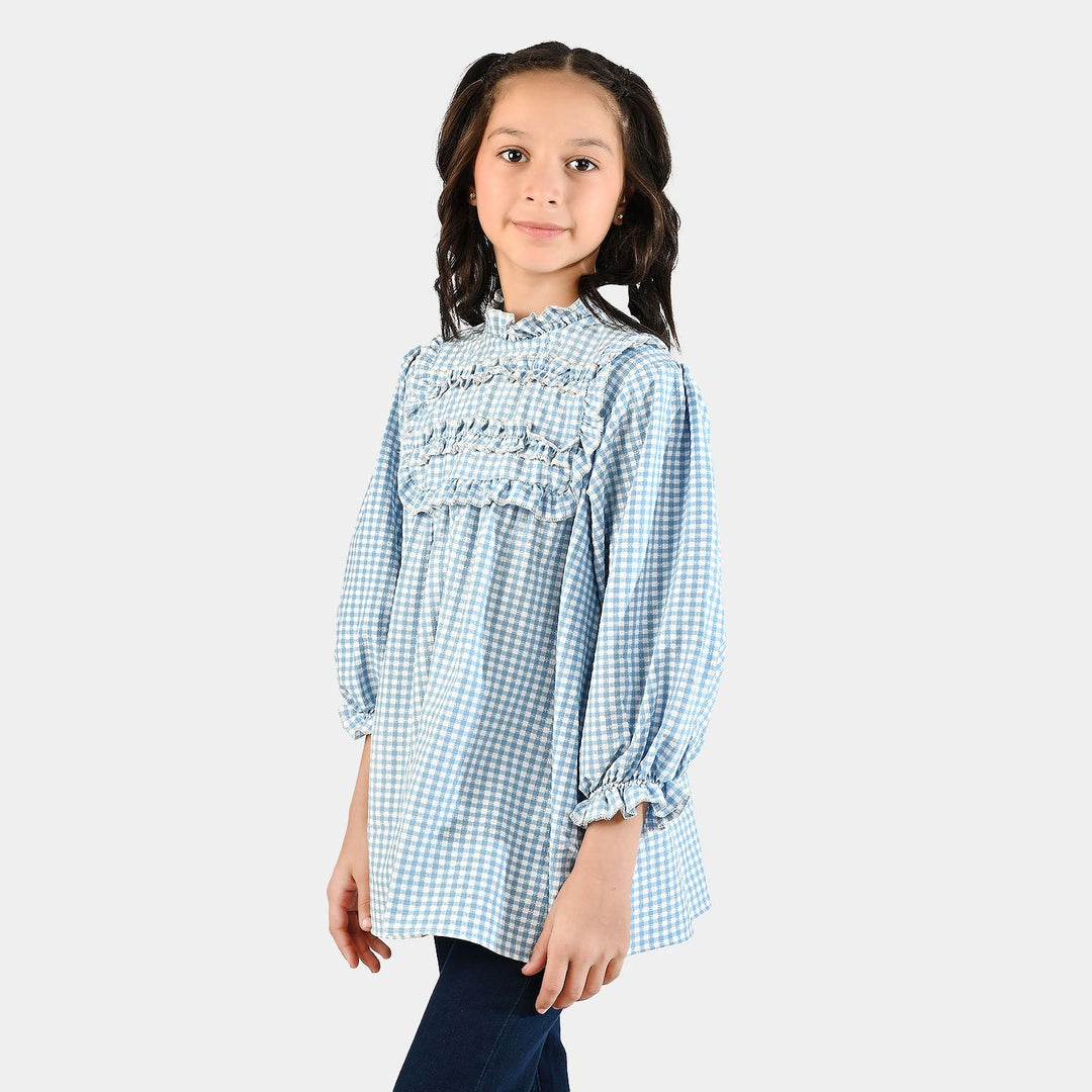 Girls Poly Jersey Casual Top Sky Checks-LIGHT BLUE