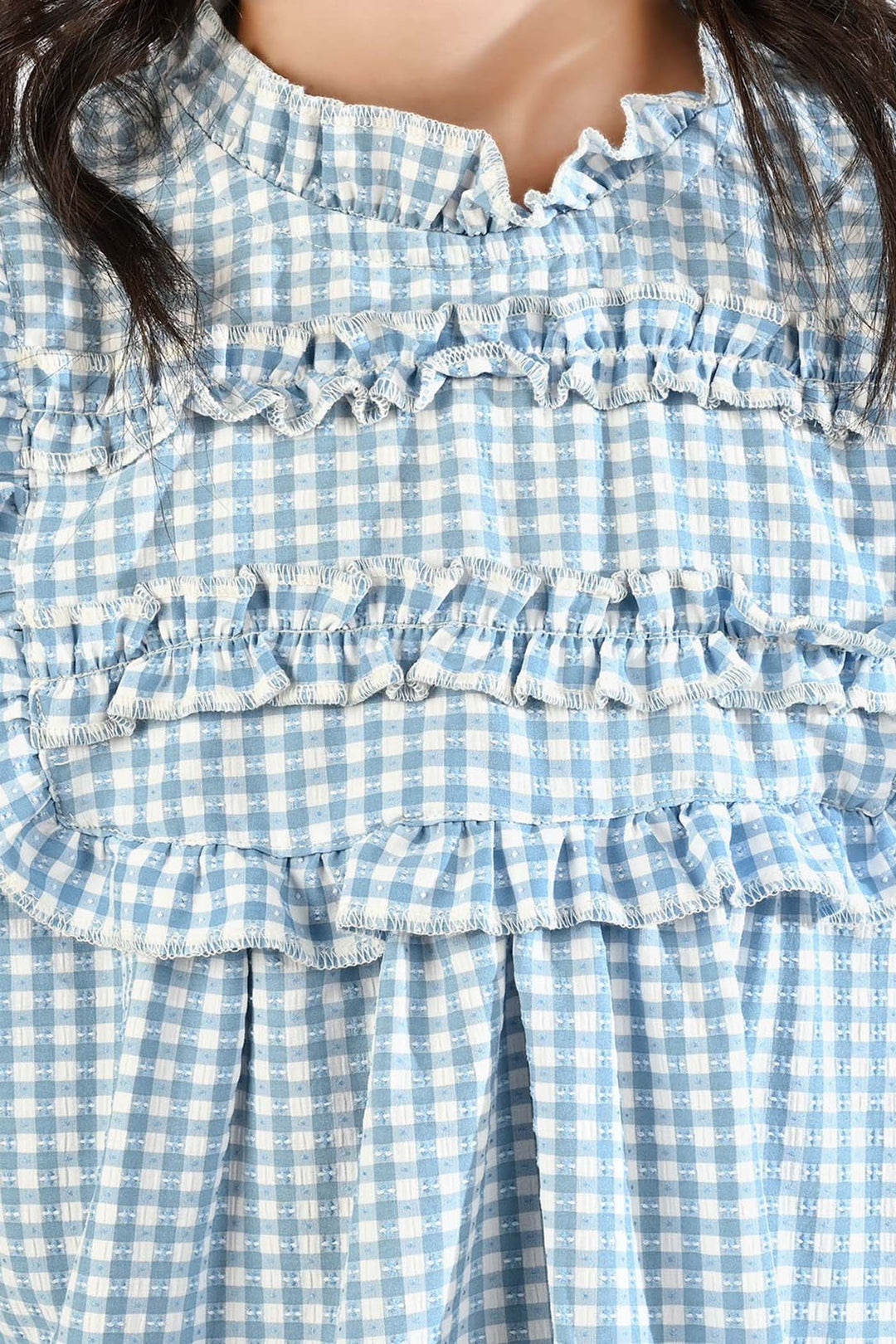 Girls Poly Jersey Casual Top Sky Checks-LIGHT BLUE