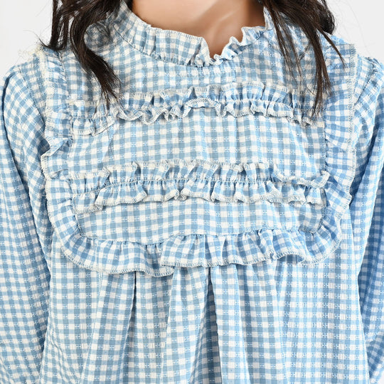 Girls Poly Jersey Casual Top Sky Checks-LIGHT BLUE