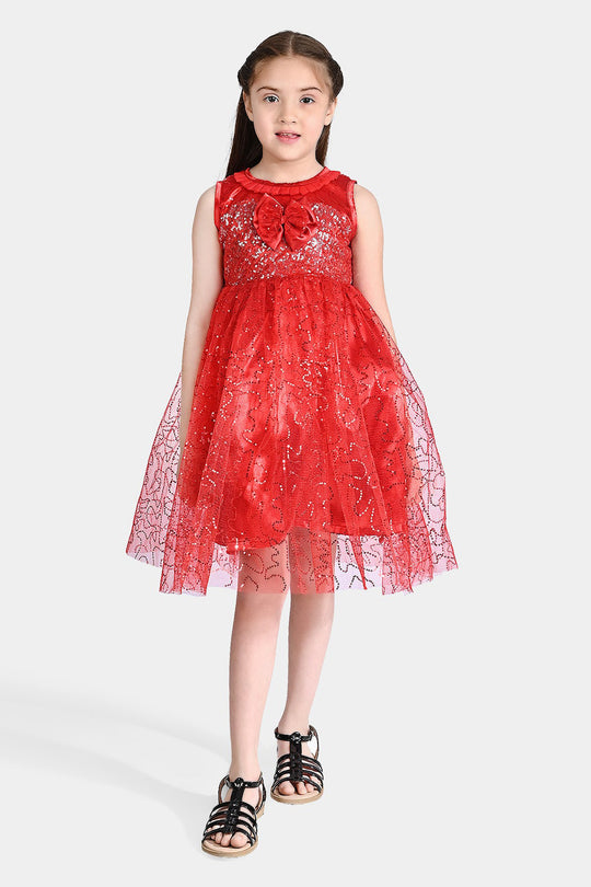 Girls Net Fancy Frock Elegant-Red