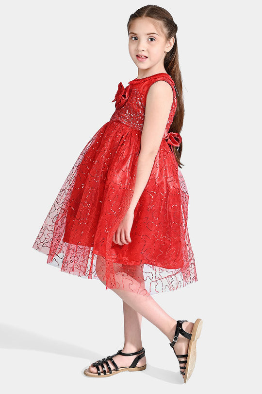 Girls Net Fancy Frock Elegant-Red