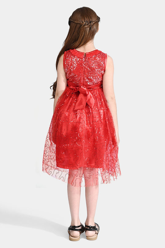 Girls Net Fancy Frock Elegant-Red