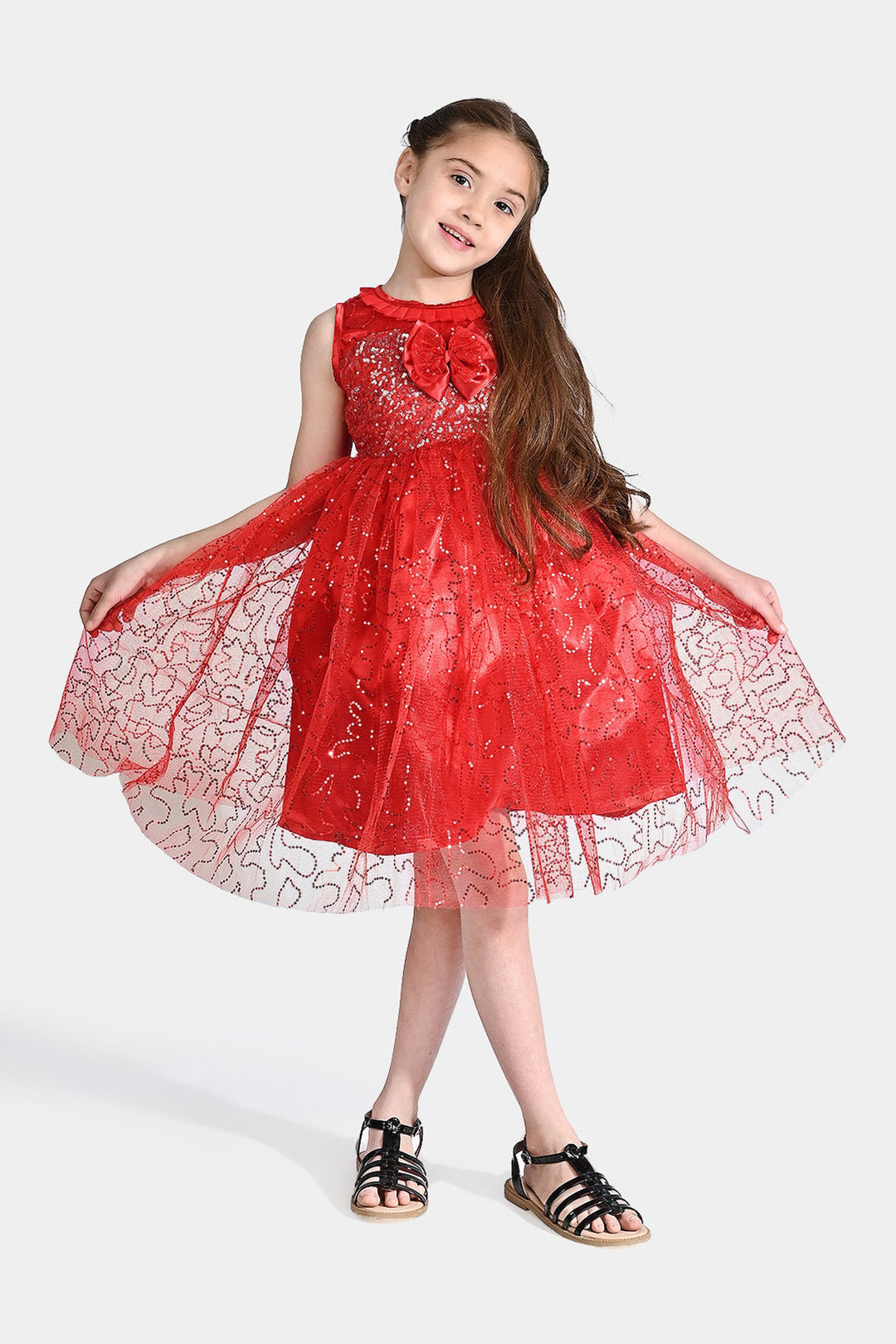 Girls Net Fancy Frock Elegant-Red
