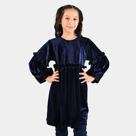 Girls Velvet Casual Frock Ocean-Navy Blue
