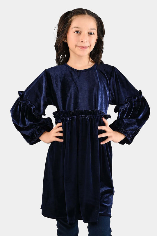 Girls Velvet Casual Frock Ocean-Navy Blue