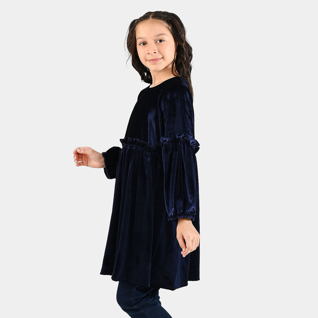 Girls Velvet Casual Frock Ocean-Navy Blue