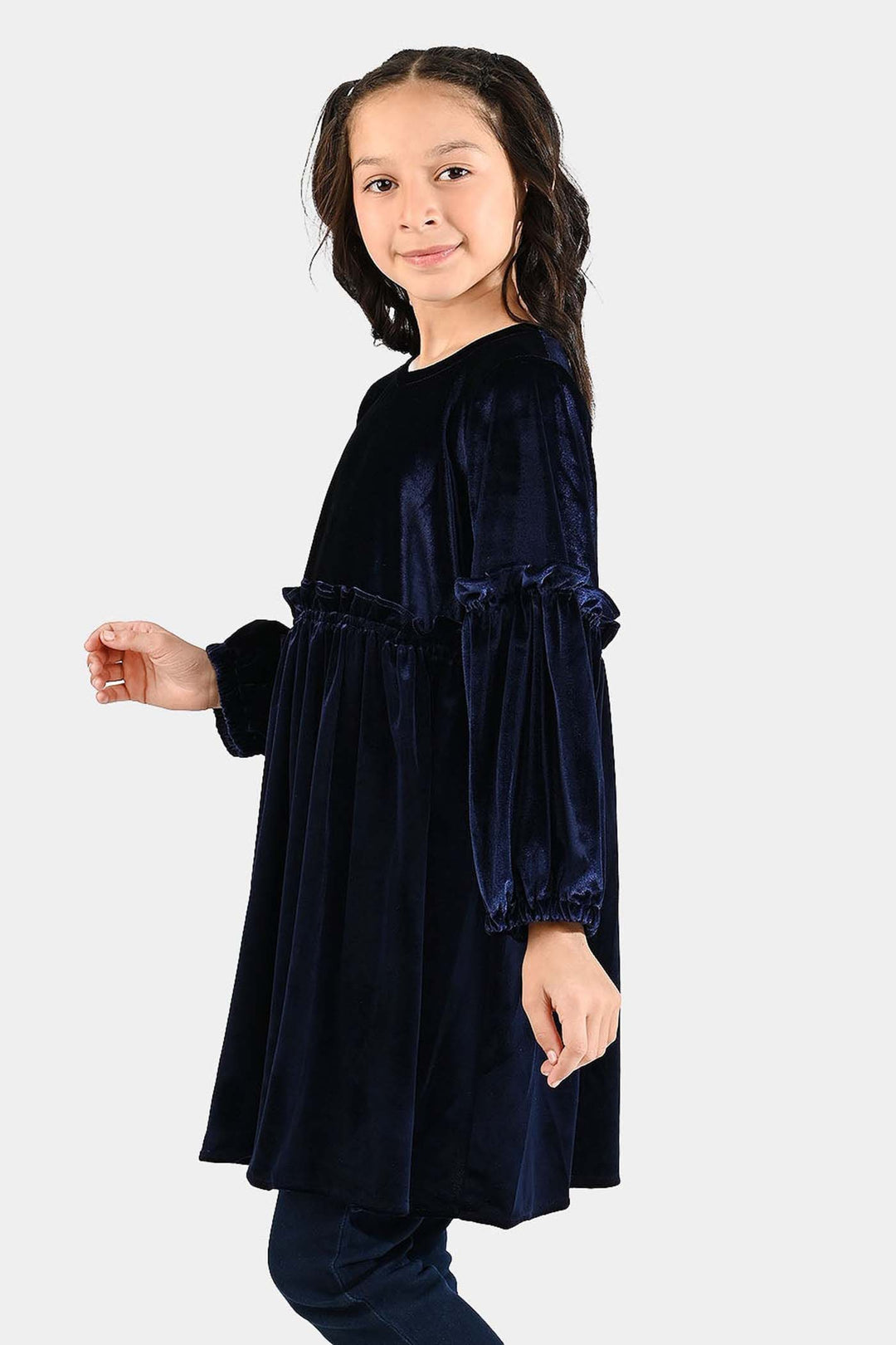 Girls Velvet Casual Frock Ocean-Navy Blue