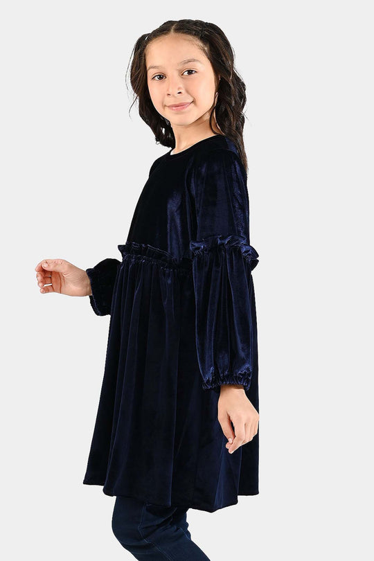 Girls Velvet Casual Frock Ocean-Navy Blue