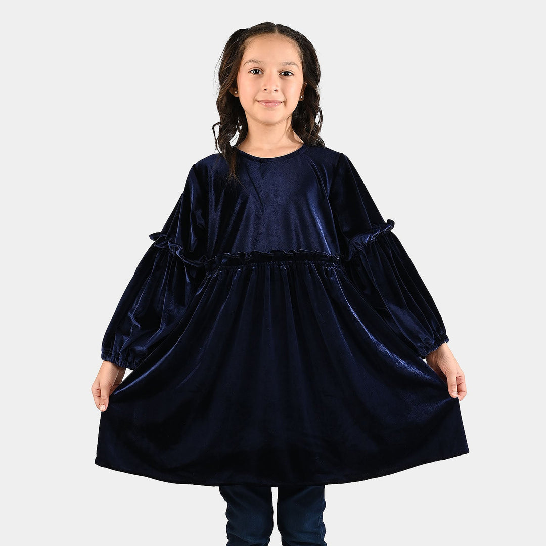 Girls Velvet Casual Frock Ocean-Navy Blue