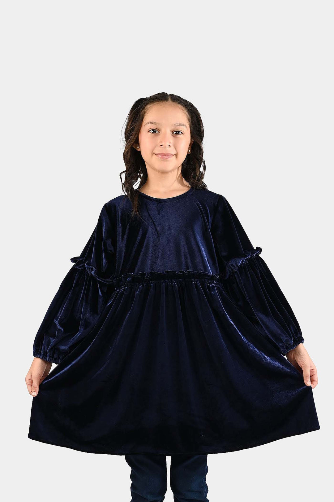 Girls Velvet Casual Frock Ocean-Navy Blue
