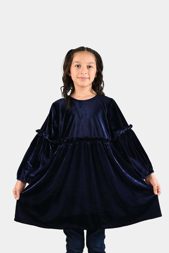 Girls Velvet Casual Frock Ocean-Navy Blue
