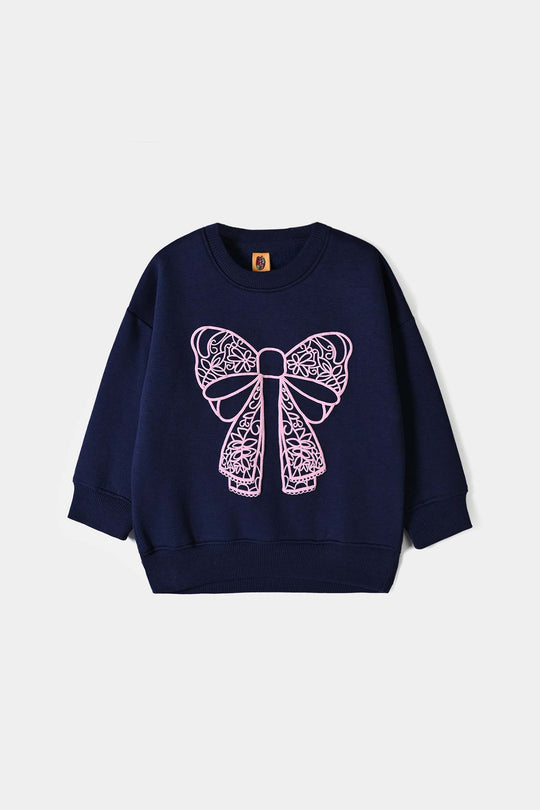 Girls Fleece 2 Piece Suit Lace Bow - NAVY