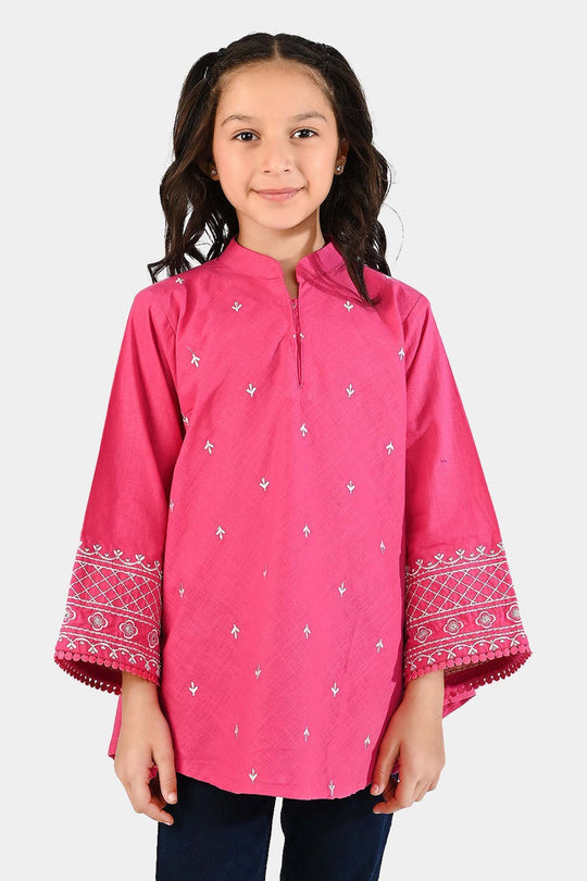 Girls Cotton Slub Emb Top Pink Fusion-Fuchs Rose