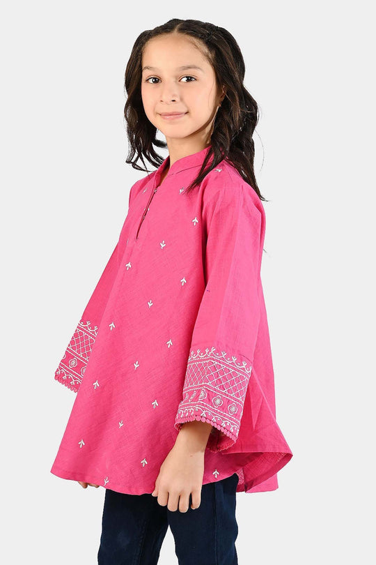 Girls Cotton Slub Emb Top Pink Fusion-Fuchs Rose