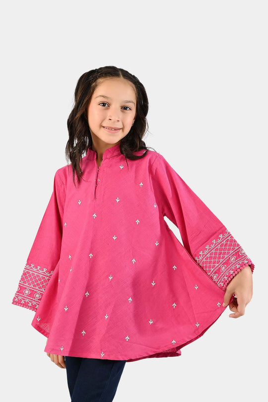 Girls Cotton Slub Emb Top Pink Fusion-Fuchs Rose