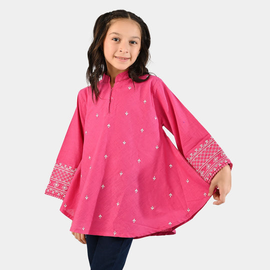 Girls Cotton Slub Emb Top Pink Fusion-Fuchs Rose