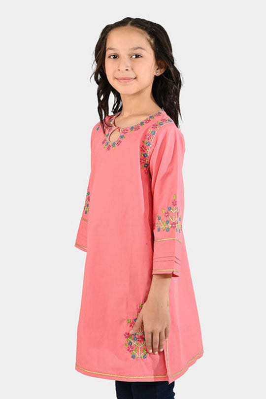 Girls Cotton Poplin Emb Kurti - Peach