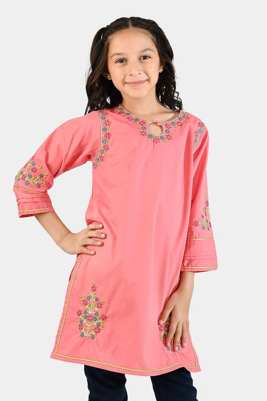 Girls Cotton Poplin Emb Kurti - Peach