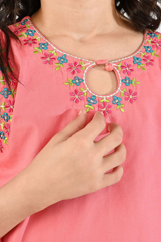 Girls Cotton Poplin Emb Kurti - Peach
