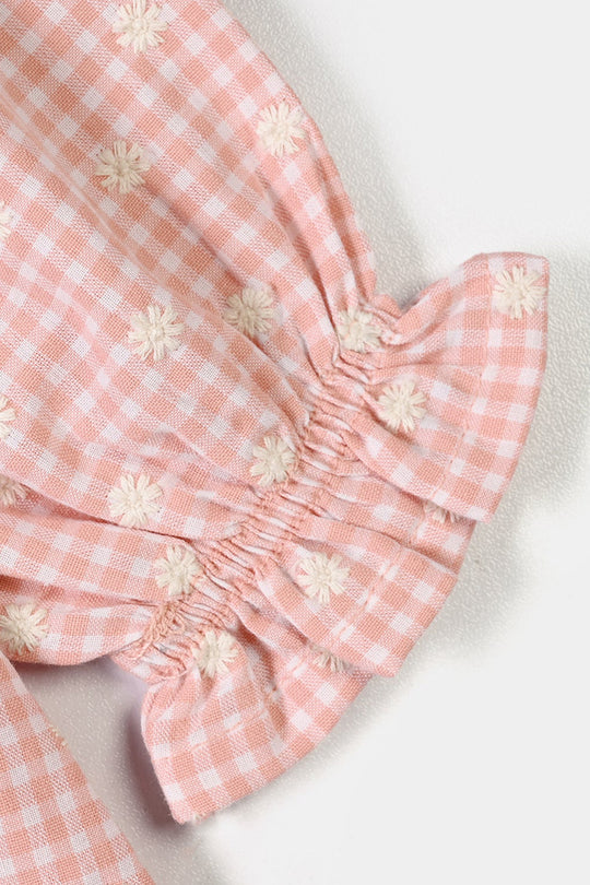 Infant Girls Yarn Dyed Emb Top Floral Check - Peach