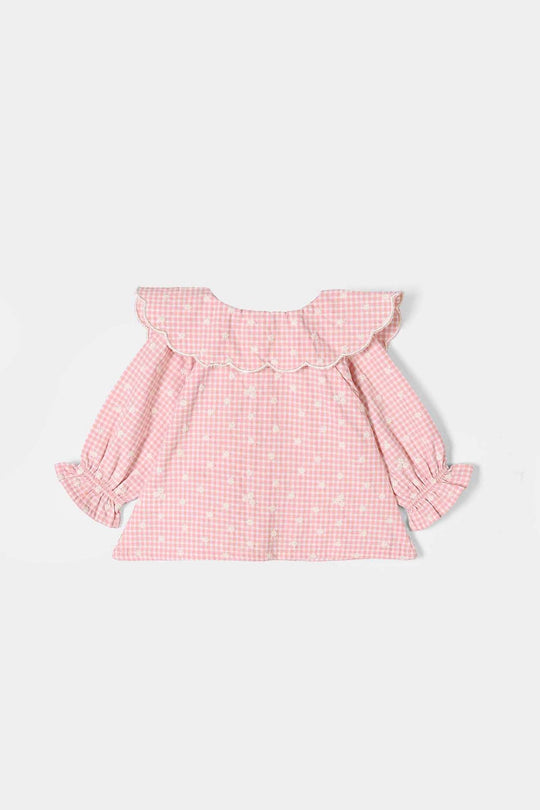 Infant Girls Yarn Dyed Emb Top Floral Check - Peach