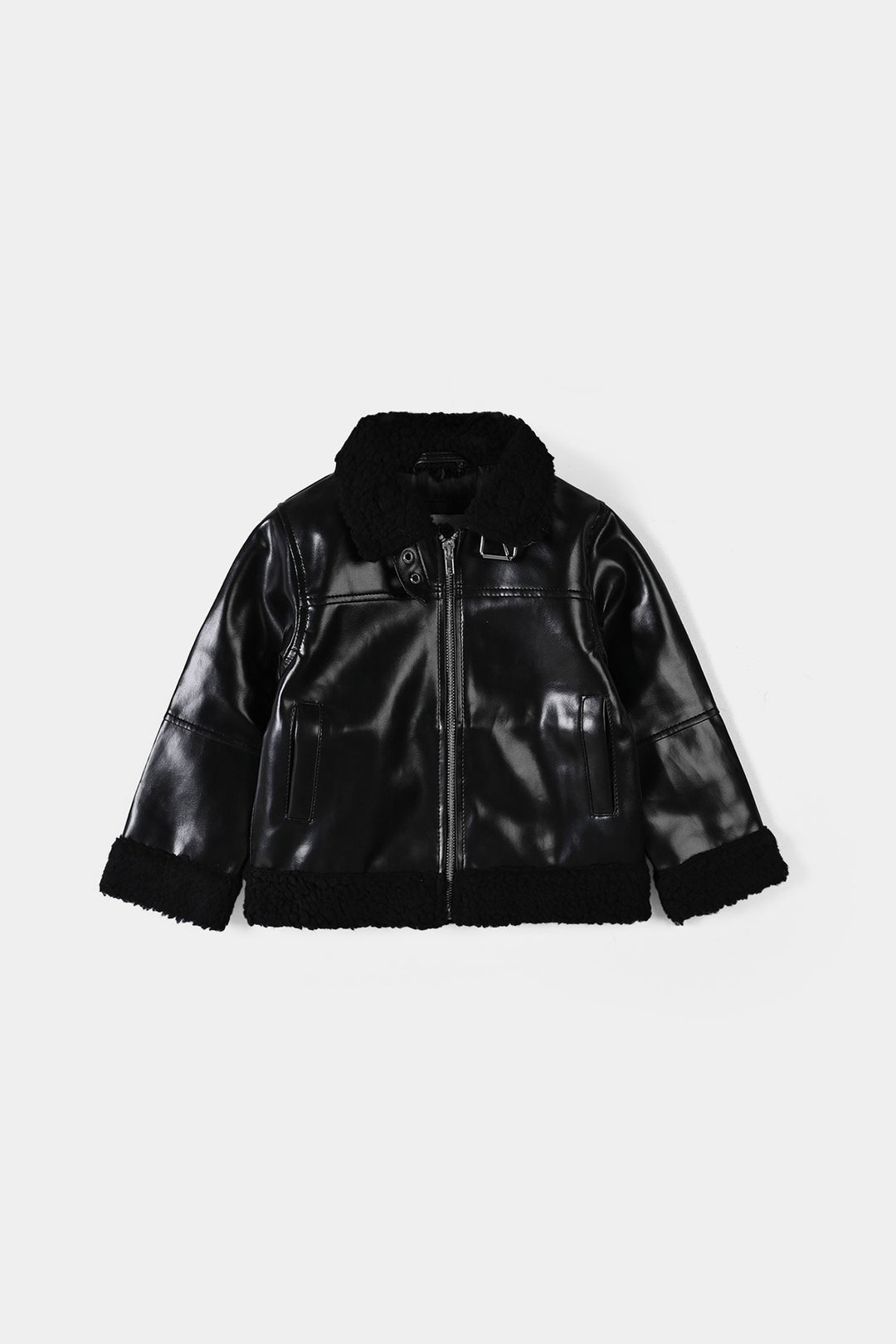 Girls PU Jacket Sherpa Hem - BLACK
