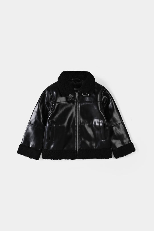 Girls PU Jacket Sherpa Hem - BLACK