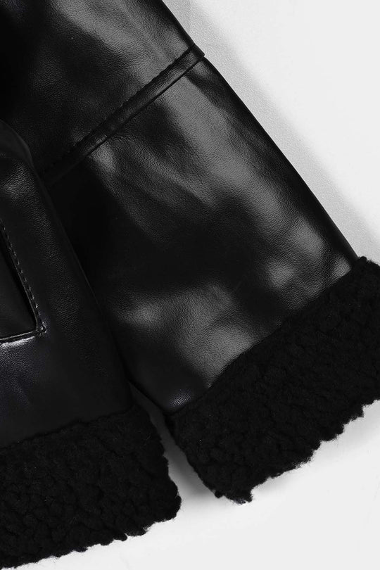 Girls PU Jacket Sherpa Hem - BLACK