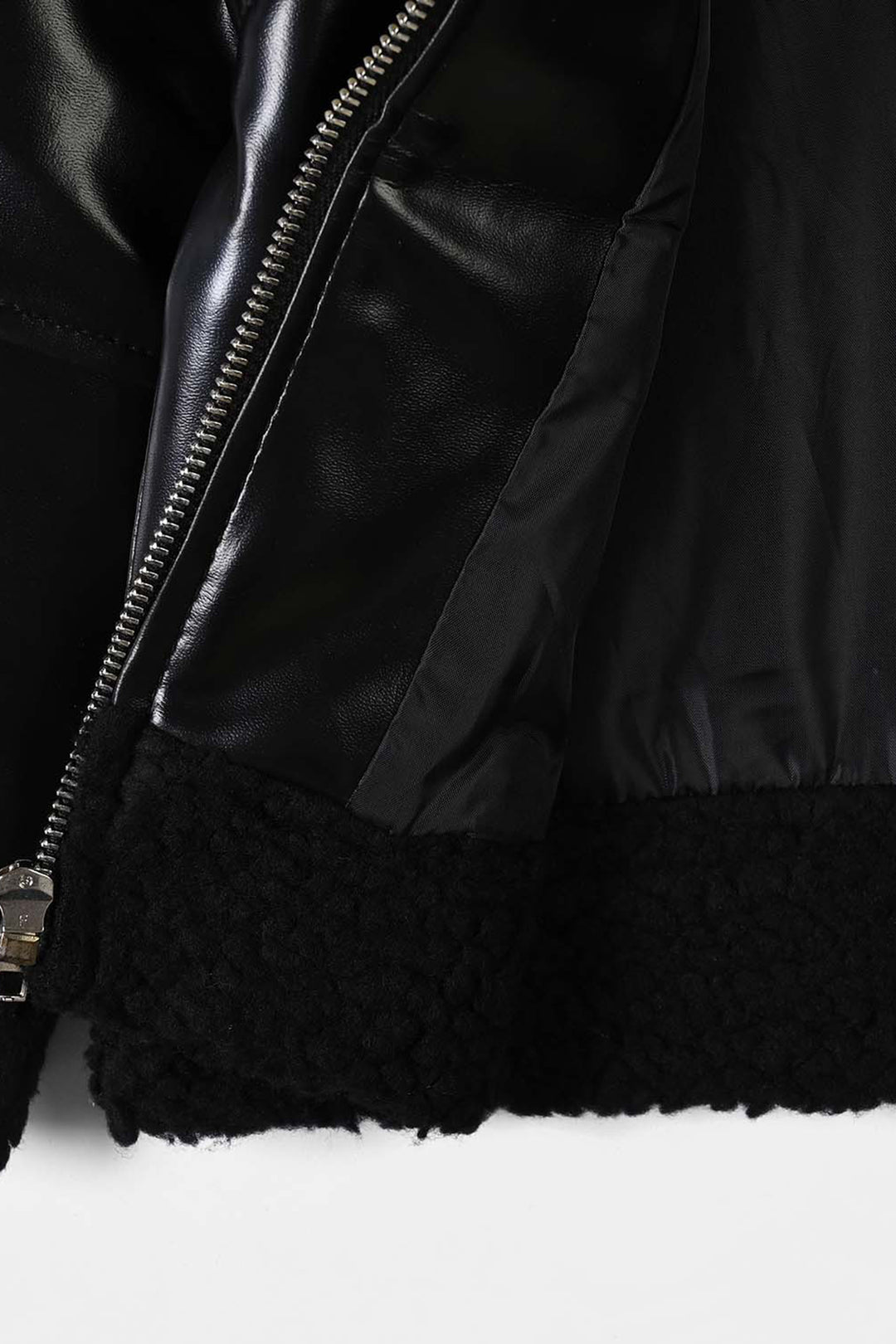Girls PU Jacket Sherpa Hem - BLACK