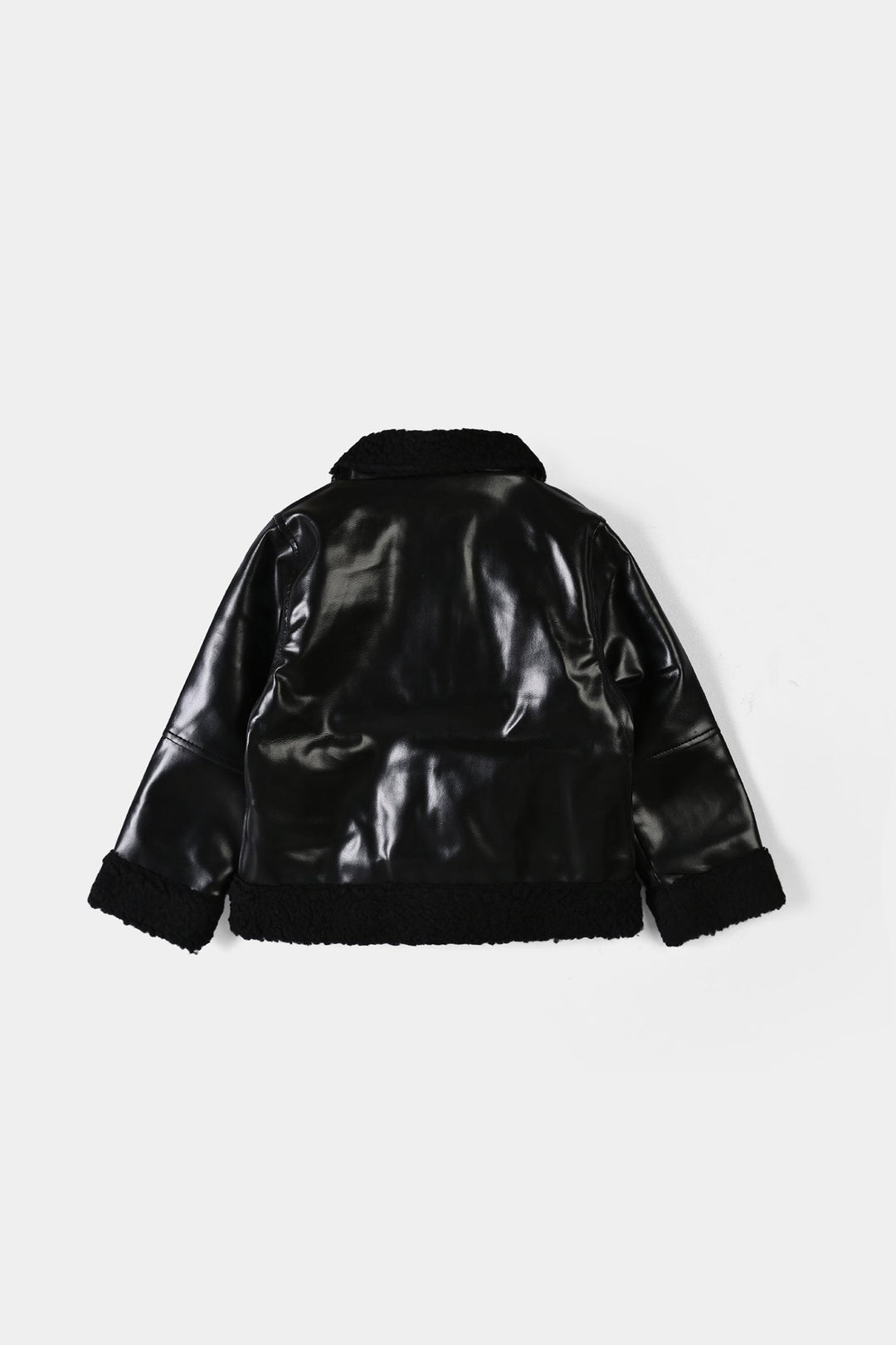 Girls PU Jacket Sherpa Hem - BLACK