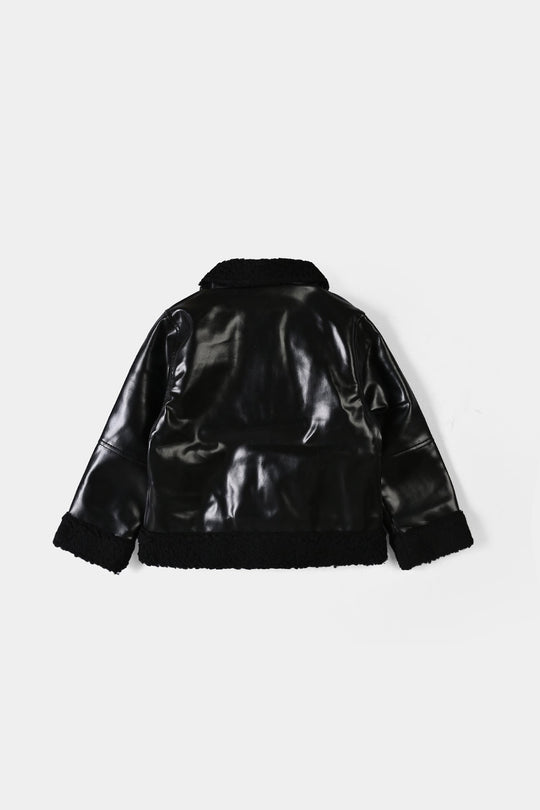Girls PU Jacket Sherpa Hem - BLACK