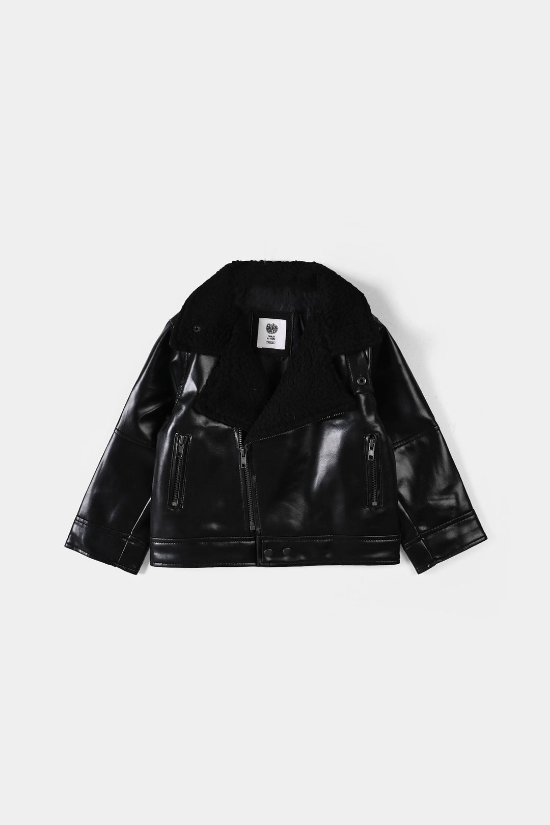 Boys PU Jacket Sherpa Collar - BLACK