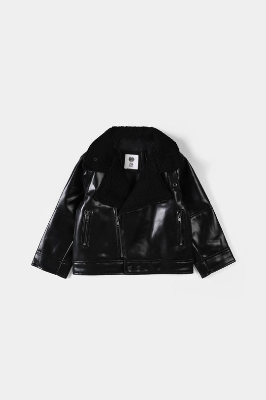 Boys PU Jacket Sherpa Collar - BLACK