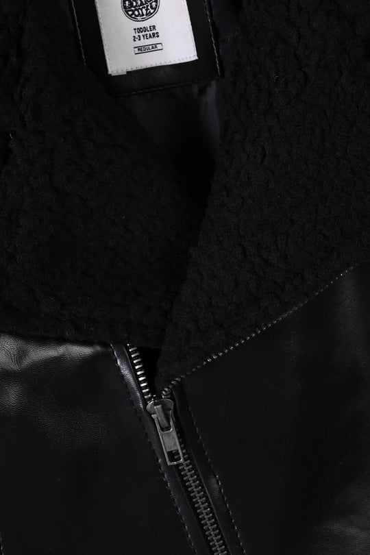Boys PU Jacket Sherpa Collar - BLACK