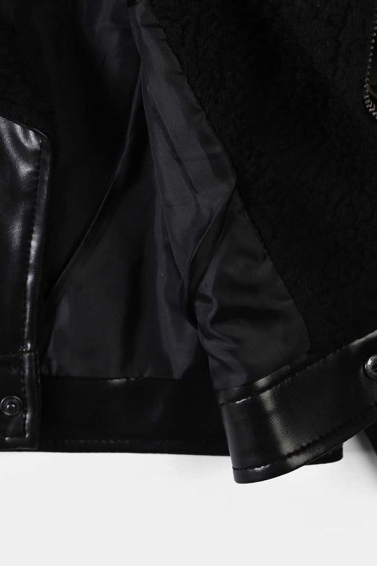 Boys PU Jacket Sherpa Collar - BLACK
