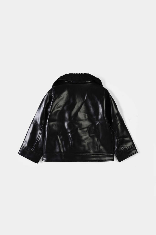 Boys PU Jacket Sherpa Collar - BLACK