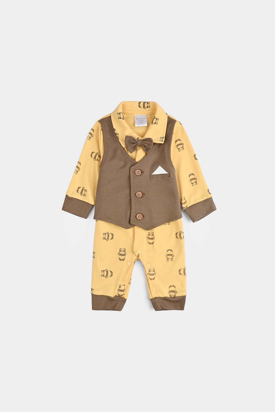 Infant Boys Cotton Interlock Romper-Brown/Yellow